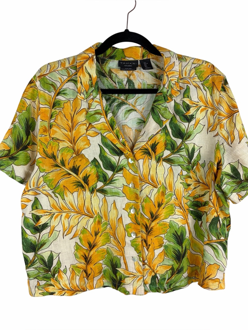 Tahari 100% Linen Tropical Botanical Button Front Shirt Blouse Large